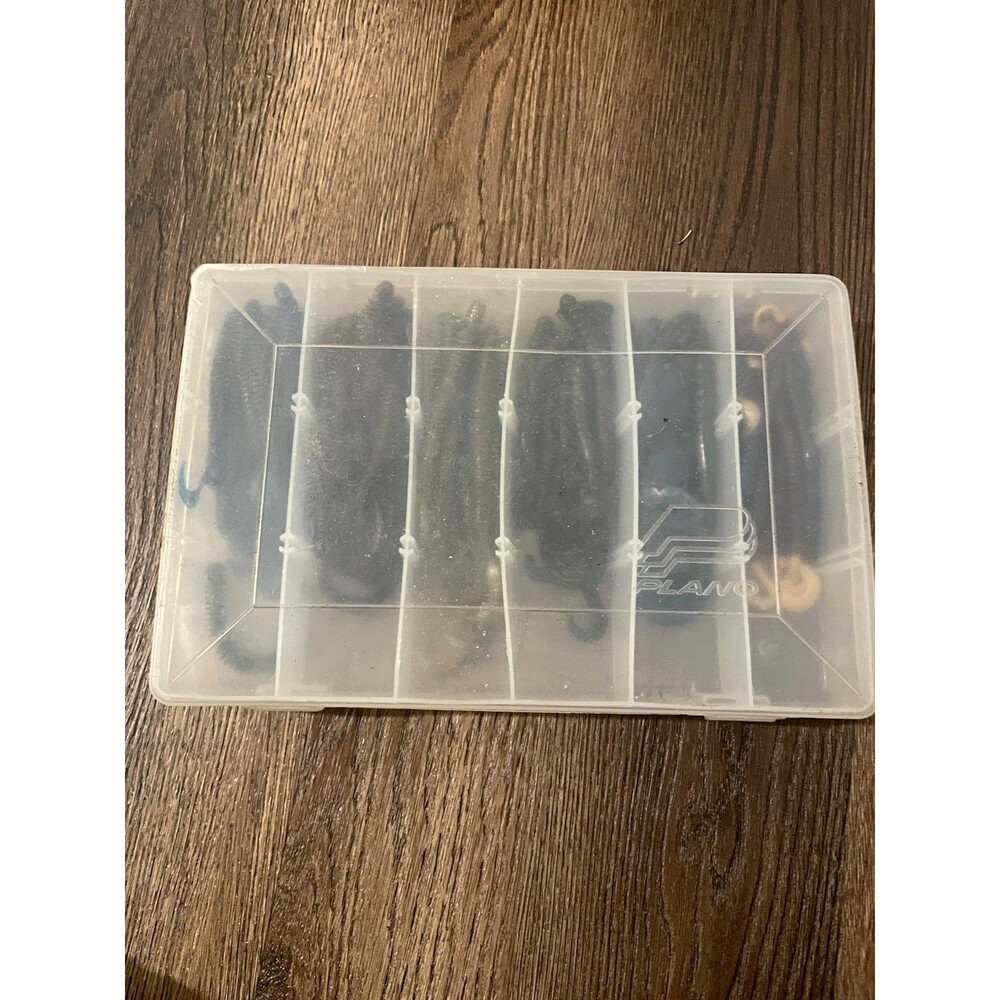 Plano Tackle Box w/ Mixed Soft Plastic Bass Worms & Curly Tail Grubs Lot